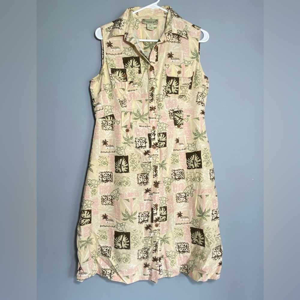 Tropical Al 100% Silk Wooden Button Shirt Dress P/Med Palm Trees Sleeveless